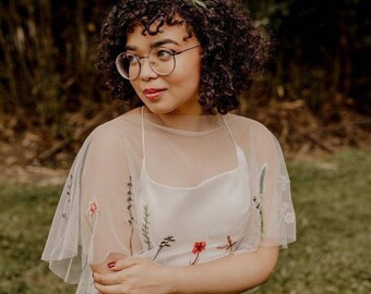 LENNOX TOPPER, Florale Stickerei, Brauthülle, bestickter Umhangschleier, Hochzeitskleid Ärmel, benutzerdefinierter Schleier, geheime Gartenhochzeiten