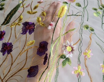 DIY bridal lace, wildflower veil, secret garden veil, floral embroidery lace fabric, purple floral lace, orchid lace, wedding, fashion lace