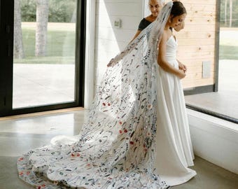 Blue Floral Embroidered Wedding Veil: Lennox Secret Garden Veil