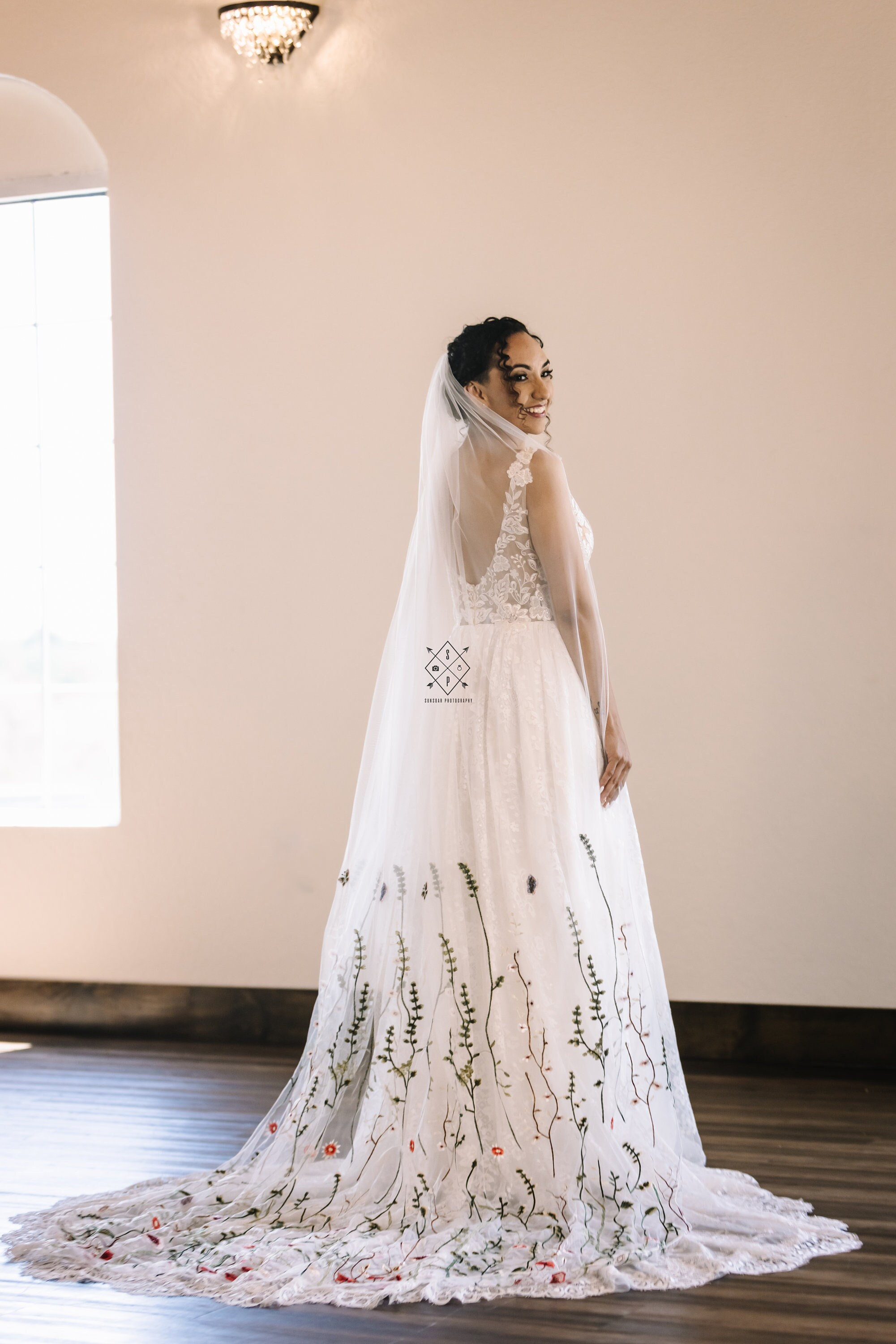 Floral Embroidered Wedding Veil: Green Wildflower Cathedral Veil