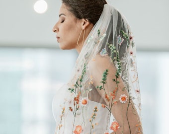 LENNOX VEIL, Orange Color, wildflower veil, floral embroidered veil, veil wedding cathedral, veil wedding fingertip, veil short, custom