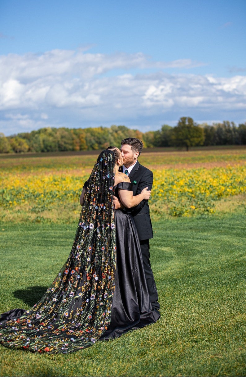 LENNOX VEIL, Black/Orange Color, veil embroidered, floral veil wedding, secret garden veil, floral veil short, veil fingertip, cathedral image 1