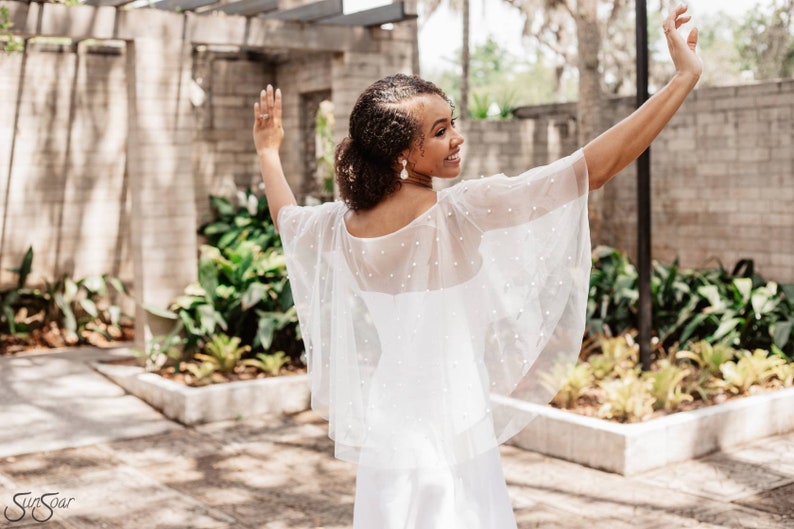 Slip On Bridal Capelet Audrey Capelet Wedding Cover Up White Pearl Tulle Capelet Pearl Tulle