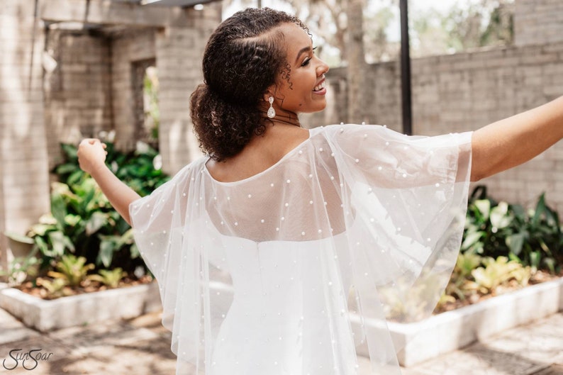 Slip On Bridal Capelet Audrey Capelet Wedding Cover Up White Pearl Tulle Capelet Pearl Tulle
