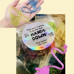 May include: A clear plastic bag filled with colourful hand-shaped toys. The bag has a holographic sticker that reads "This year is going to be the best, HANDS DOWN!" and "Your teacher, Mrs. Colon."