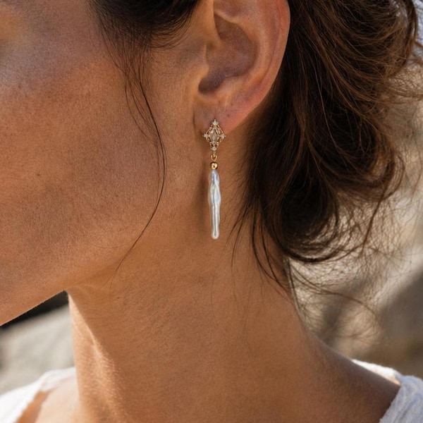 Biwa Pearl Drop Earrings, Gold Kite Crystal Studs, Coastal Bridal Jewelry