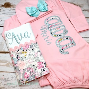 Girl Coming Home Outfit Baby Girl Gown Baby Girl Bring Home Outfit Baby Pink Sleeper With Bow Baby Name Gown Take Home Outfit image 1