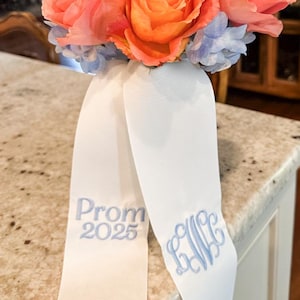 Wedding Bouquet Sash, Embroidered Monogrammed Prom Sash, Homecoming Sash, HOCO Sash, Wedding Bridesmaid Bouquet Ribbon Sash Wrap