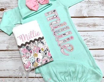 Baby Girl Coming Home Outfit - Mint Sleeper With Bow - Baby Gown with Name - Monogrammed Baby Gown - Personalized Baby Gift Set