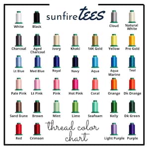 Puede incluir: Una carta de colores de hilo de sunfireTees que muestra treinta y cinco carretes individuales de hilo de bordar en varios colores, cada uno etiquetado con su nombre espec&iacute;fico, incluyendo White, Black, Cloud, Natural White, Charcoal y otros.
