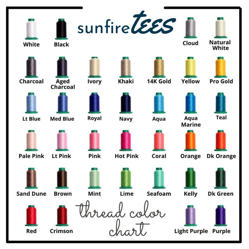 Puede incluir: Una carta de colores de hilo de sunfireTees que muestra treinta y cinco carretes individuales de hilo de bordar en varios colores, cada uno etiquetado con su nombre espec&iacute;fico, incluyendo White, Black, Cloud, Natural White, Charcoal y otros.