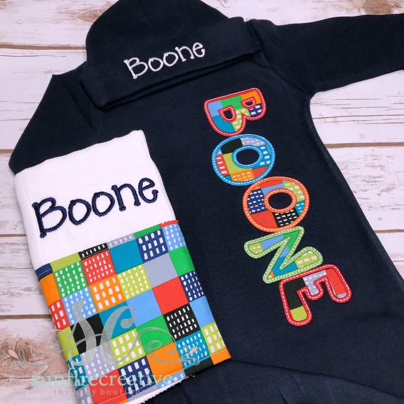 Pregnancy Announcement Gown Hat Burp Baby Boy Gift Baby Name Gown Baby Boy Sleeper Baby Shower Gift Newborn Coming Home Outfit