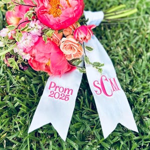 Bouquet Sash, Embroidered Monogrammed Prom Sash, Homecoming Sash, HOCO Sash, Wedding Bridesmaid Bouquet Ribbon Sash Wrap