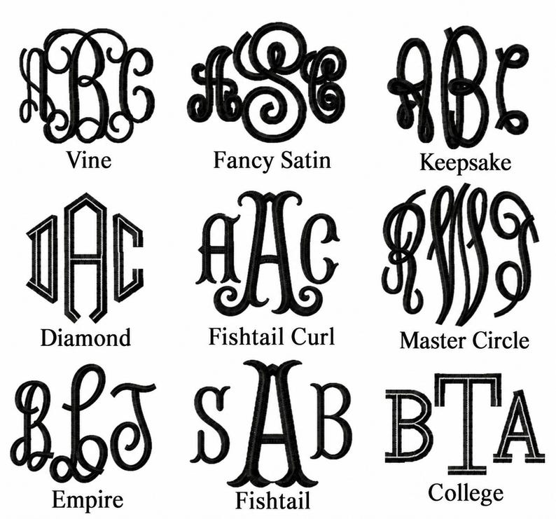 Puede incluir: Una cuadr&iacute;cula de nueve estilos de monogramas bordados en negro con las etiquetas: Vine, Fancy Satin, Keepsake, Diamond, Fishtail Curl, Master Circle, Empire, Fishtail y College. Cada monograma presenta tres letras en una fuente distinta.