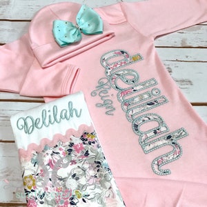 Girl Coming Home Outfit Baby Girl Gown Baby Girl Bring Home Outfit Baby Pink Sleeper With Bow Baby Name Gown Take Home Outfit image 2