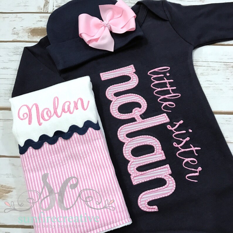 Baby Girl Coming Home Outfit Little Sister Gown Newborn Girl Clothes Twin Shirts Personalized Baby Clothes Newborn Twin Set image 1