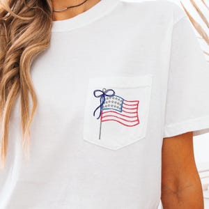 Embroidered Flag Pocket Tee – Comfort Colors, Patriotic Pocket Tee, Embroidered Pocket Shirt, Gift Under 30, 4th of July Shirt, Flag Shirt
