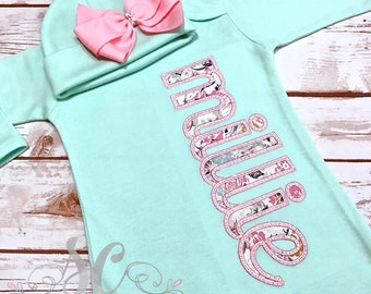 Baby Girl Coming Home Outfit - Mint Sleeper With Bow - Baby Gown with Name - Monogrammed Baby Gown - Personalized Baby Gift Set