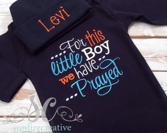 For this little Boy we have Prayed Baby Boy Gown Navy - Christian Baby Shower Gift - Baby Boy Coming Home Gown - Pregnancy Announement Shirt