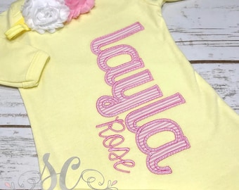 Baby Gown with Name -  Yellow Baby Girl Coming Home Outfit - Monogrammed Baby Gown - Name Gown - Baby Shower Gift Set - Pink and Yellow Gown