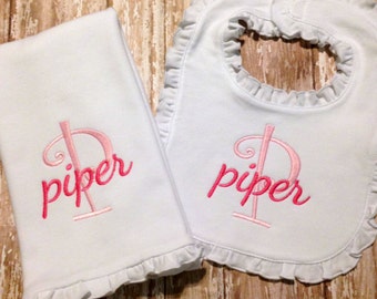Monogram Ruffle Bib and Burp Cloth Set - Monogrammed Set - Girly Bib and Burp Cloth - Baby Shower Gift for Girl