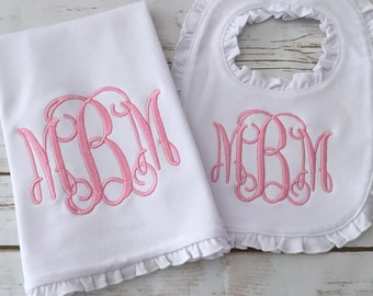 Monogram Bib and Burp Cloth - Ruffle Bib Set - Baby Girl Gift - Custom Bib Burp Cloth - Hospital Gift Set for Baby