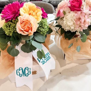 Bouquet Sash, Embroidered Monogrammed Prom Sash, Homecoming Sash, HOCO Sash, Wedding Bridesmaid Bouquet Ribbon Sash Wrap