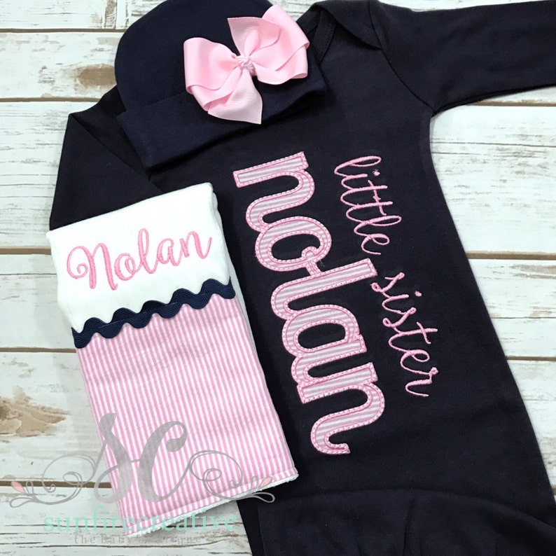 Baby Girl Coming Home Outfit Little Sister Gown Newborn Girl Clothes Twin Shirts Personalized Baby Clothes Newborn Twin Set image 2
