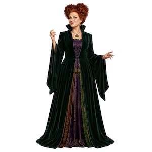 May include: A floor-length costume dress featuring a dark green velvet coat with wide bell sleeves and a high collar, worn over a purple and gold patterned gown. The ensemble includes a gold pendant necklace and a tall, voluminous red hairstyle.
