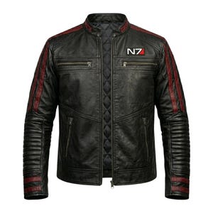 Kurtka skórzana Mass Effect N7 Commander Shepard inspirowana motocyklem motocyklowym, czarna, zniszczona, prawdziwa skórzana kurtka science fiction, prezent dla gracza dla niego
