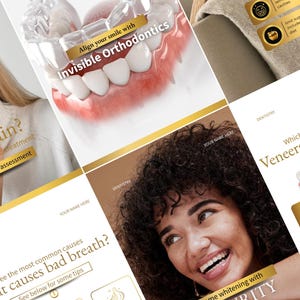 May include: A promotional image for a dental practice. The image features a model of teeth with clear aligners, and a smiling woman. Text includes "Align your smile with Invisible Orthodontics" and "Teeth Whitening".