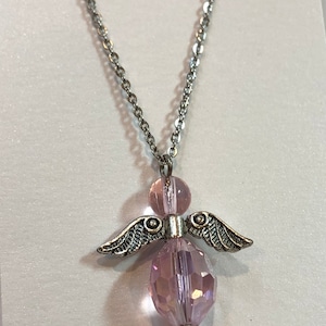 Chinese Crystal Guardian Angel Necklace, Pink Crystal Angel, Collier Pendentif Ange Gardien