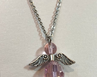 Chinese Crystal Guardian Angel Necklace, Pink Crystal Angel, Collier Pendentif Ange Gardien