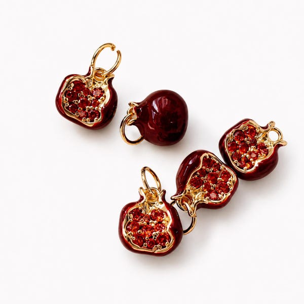 Pomegranate Charm 18K Gold Filled, Red Enamel CZ Fruit Pendant, Pomegranate Pendant for Necklace Bracelet Jewelry Making