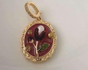 Gold Floral Enamel Pendant – Vintage Burgundy Flower Medallion