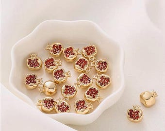 Red Enamel Pomegranate Charm – Gold Tone Fruit Pendant with Rhinestones