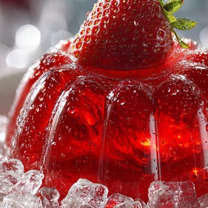 May include: A vibrant red gelatin dessert, topped with a fresh strawberry, sits on a white plate surrounded by ice. The dessert has a glossy, wet appearance, with water droplets visible on its surface. A refreshing treat.