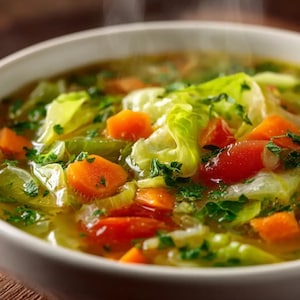Puede incluir: Primer plano de un cuenco lleno de sopa de verduras. La sopa contiene trozos visibles de zanahorias, repollo y tomates, con hierbas verdes frescas espolvoreadas por encima. El caldo es de un color claro y dorado, y sale vapor del cuenco.