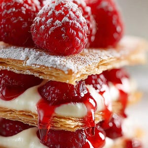 Peut inclure: Un dessert à plusieurs couches composé de pâte feuilletée dorée, d'une crème blanche et de framboises fraîches. Les framboises du dessus sont saupoudrées de sucre glace, et une sauce rouge dégouline sur les côtés.