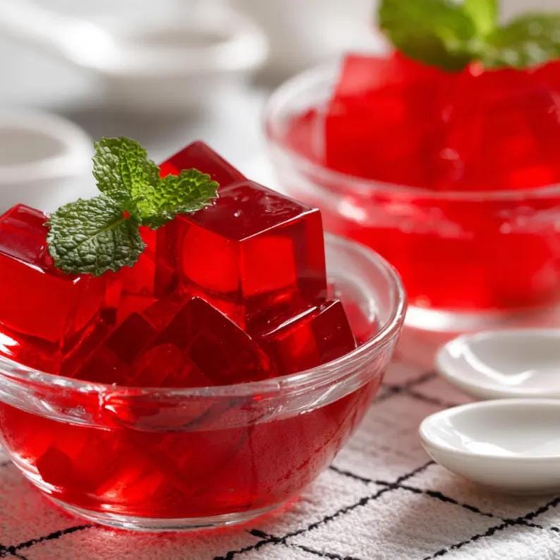May include: Two clear glass bowls filled with bright red gelatin cubes, garnished with fresh mint leaves. The gelatin appears to be a vibrant red color. Small white saucers are in the background, suggesting a dessert or snack.