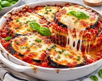 Ricetta della parmigiana di melanzane in formato PDF, download immediato, cena italiana croccante, comfort food vegetariano