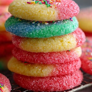 Könnte beinhalten: Ein Stapel bunter Zuckerkekse. Jeder Keks hat eine andere Farbe, darunter Rot, Gelb, Grün und Blau. Die Kekse sind mit Zuckerkristallen und bunten Streuseln bedeckt. Die Kekse liegen auf einem Metallkühlrost.