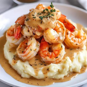 May include: A serving of cooked shrimp arranged on a mound of creamy mashed potatoes, topped with a smooth brown gravy and a sprig of fresh green thyme. The shrimp are pink and orange, and the dish is presented on a white plate.