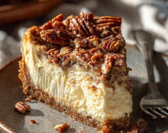 May include: A slice of pecan cheesecake on a gray plate. The cheesecake has a creamy, off-white filling and a crunchy, brown crust. The top is covered with whole pecans. A fork rests on the plate, and another cheesecake is in the background.