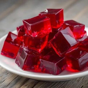 May include: A white plate piled high with bright red gelatin cubes. The translucent cubes are stacked in a haphazard arrangement, catching the light and appearing glossy. The dessert is a vibrant, eye-catching treat.