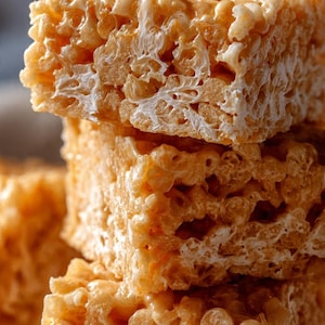 May include: A close-up of a stack of golden-brown rice crispy treats. The treats are square-shaped and made with marshmallows and crispy rice cereal. The treats are stacked on top of each other, showing the texture of the treats.