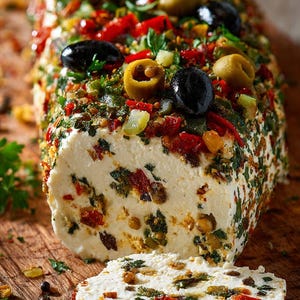 May include: A rectangular block of cheese, garnished with olives, sun-dried tomatoes, and herbs, sits on a wooden cutting board. A slice of the cheese is cut, revealing the colorful ingredients within. The cheese is a creamy white color.
