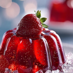 May include: A vibrant red gelatin dessert, topped with a fresh strawberry and served on a plate with ice. The dessert has a glossy, transparent appearance, with a few air bubbles visible throughout. The background is blurred with soft, out-of-focus lights.