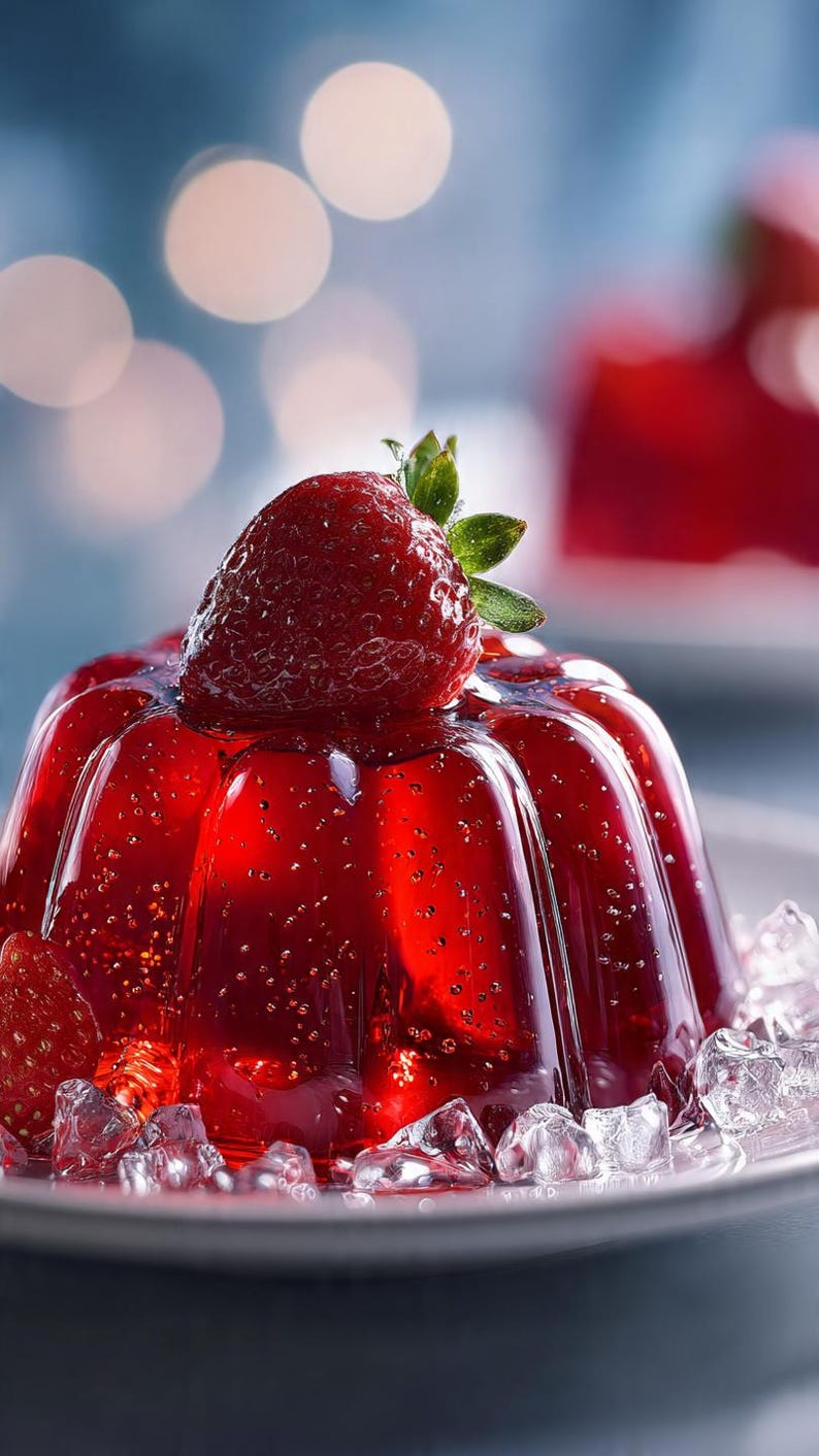 May include: A vibrant red gelatin dessert, topped with a fresh strawberry and served on a plate with ice. The dessert has a glossy, transparent appearance, with a few air bubbles visible throughout. The background is blurred with soft, out-of-focus lights.