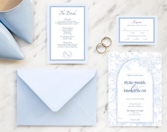 Dusty Blue Floral Wedding Invitation Suite: Elegant Minimalist Template (Digital Download)